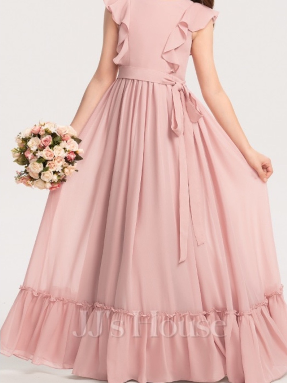 Junior Bridesmaid A-Line Chiffon Dress Floor Length Bow Ruffle Formal Wedding